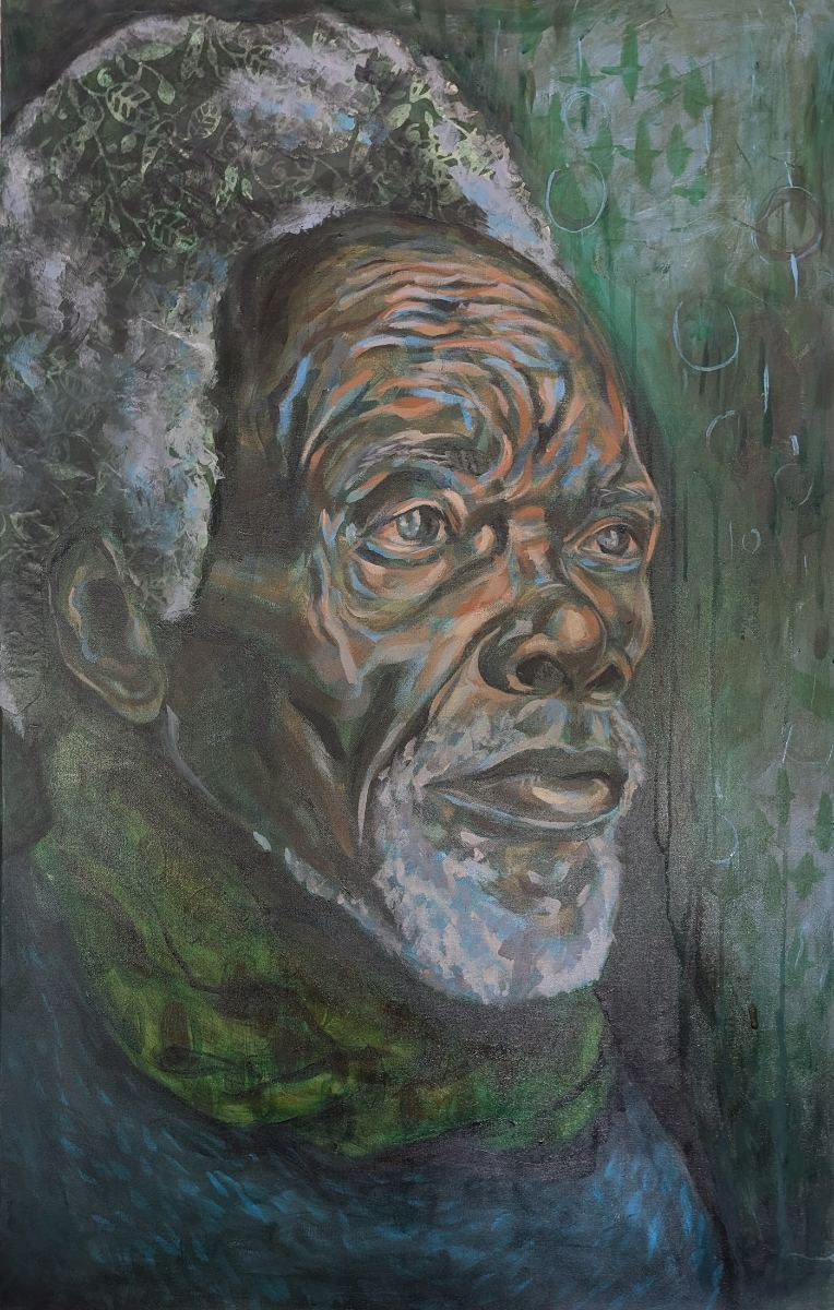 Portrait of a laughing man, red and pink